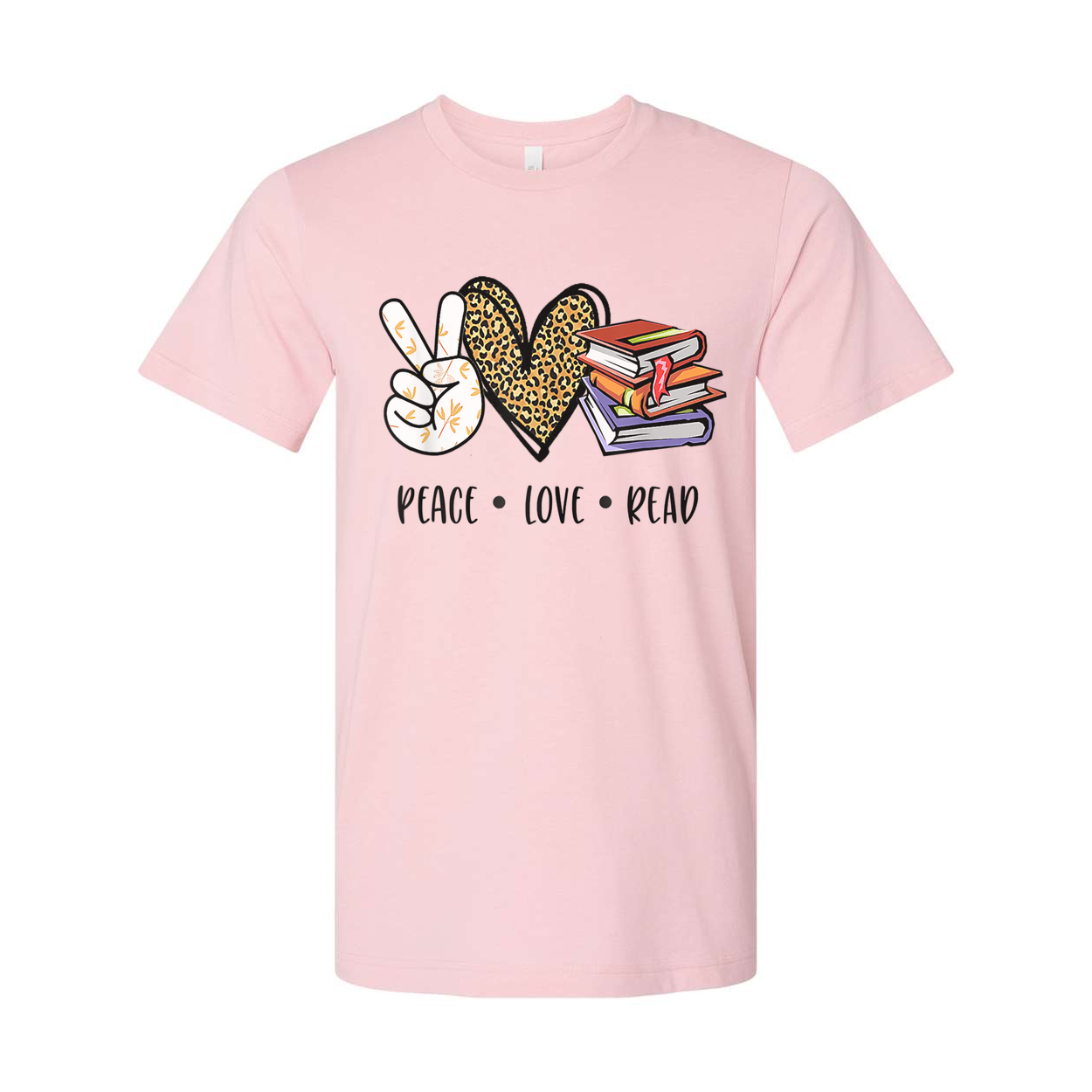 Unisex T Shirt With Peace Love Read Graphic Featuring Peace Sign Leopard Heart And Stack Of Books