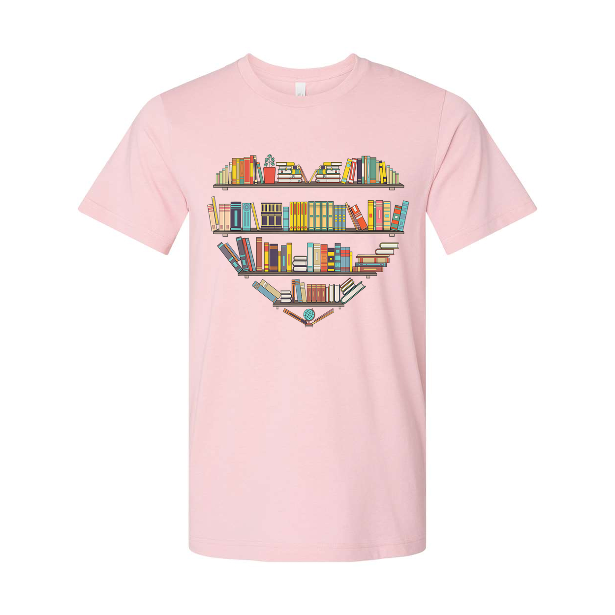 Unisex T Shirt With Heart Shaped Bookshelf Graphic For Book Lovers And Readers Worldwide