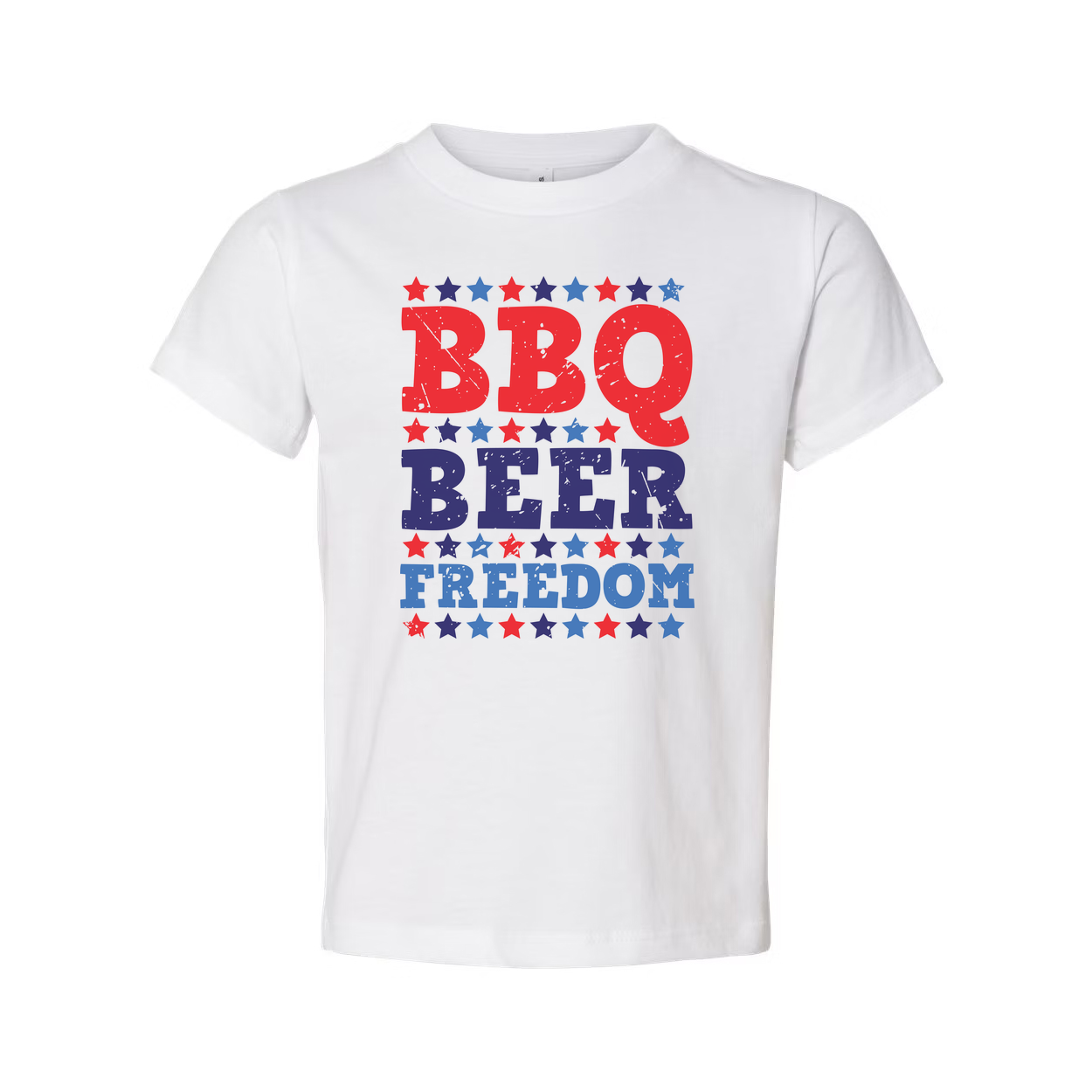 Patriotic BBQ Beer Freedom Graphic Tee for Unisex Adults with Red and Blue Star Pattern