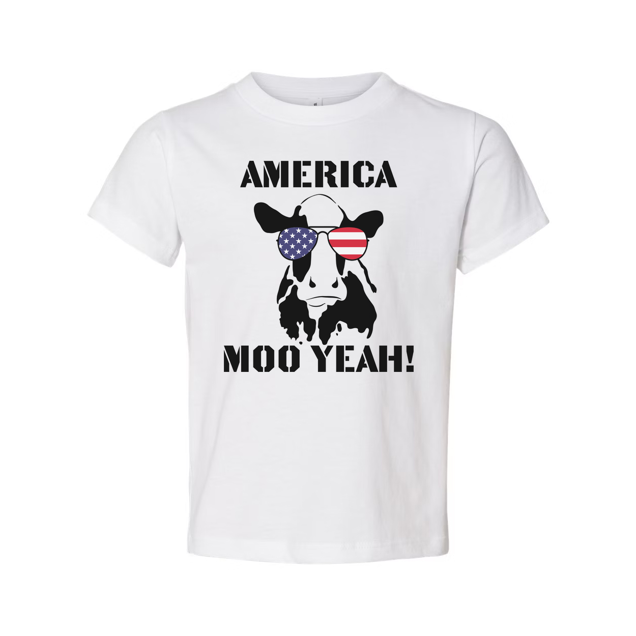 America Moo Yeah Graphic Unisex Tee With Flag Sunglasses Cow Skull Artwork For Men Women