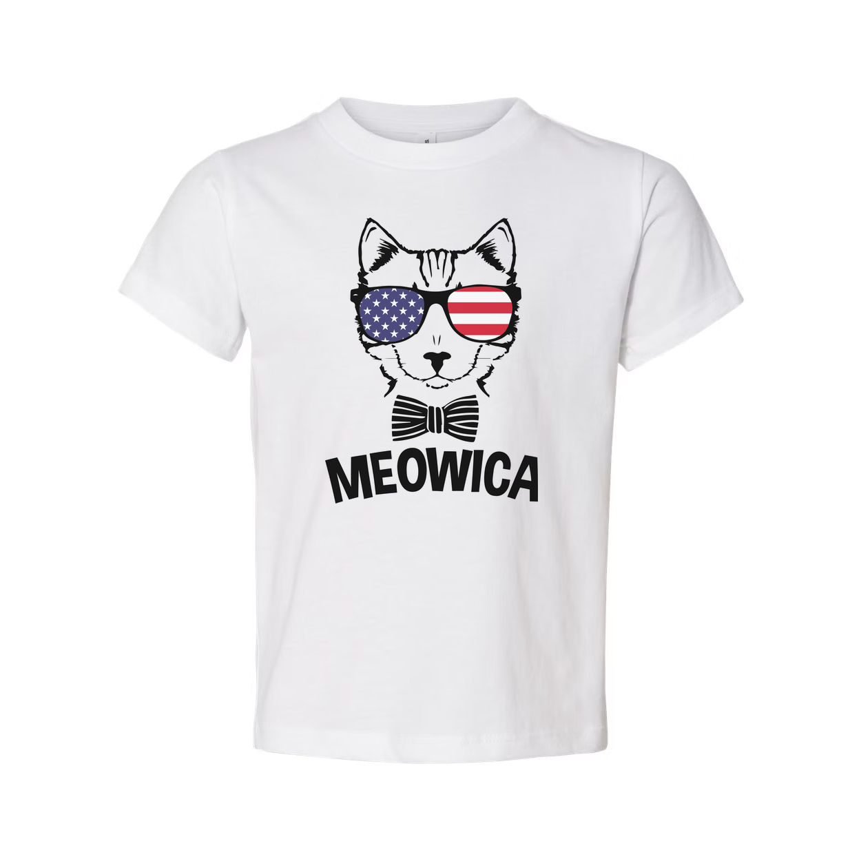 Meowica Cat Graphic T Shirt With American Flag Sunglasses And Bow Tie For USA Pride Apparel