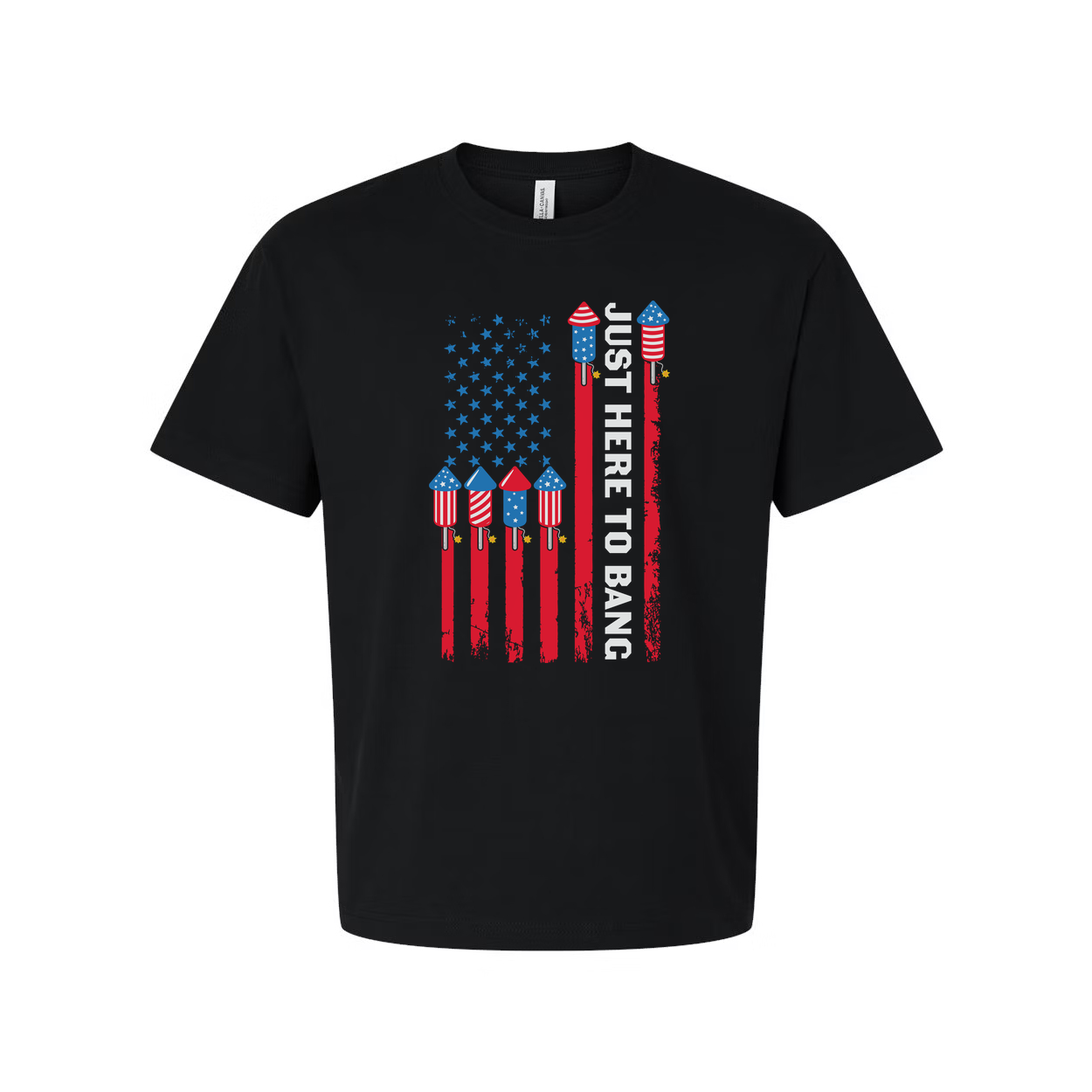 American Flag Rocket Graphic Unisex T Shirt With Just Here To Bang Text Patriotic Design