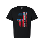American Flag Rocket Graphic Unisex T Shirt With Just Here To Bang Text Patriotic Design
