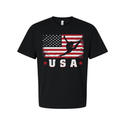 Unisex USA Flag Graphic T Shirt With Distressed Stripes And Dancer Silhouette On Front