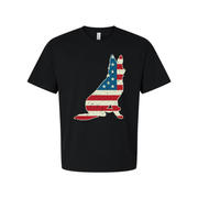 Unisex Graphic Tee Featuring Distressed American Flag Hand Silhouette Front Design