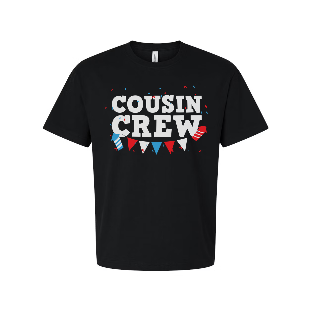 Cousin Crew Graphic T Shirt With Red And Blue Banner Confetti Design For Family Celebration