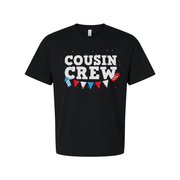 Cousin Crew Graphic T Shirt With Red And Blue Banner Confetti Design For Family Celebration