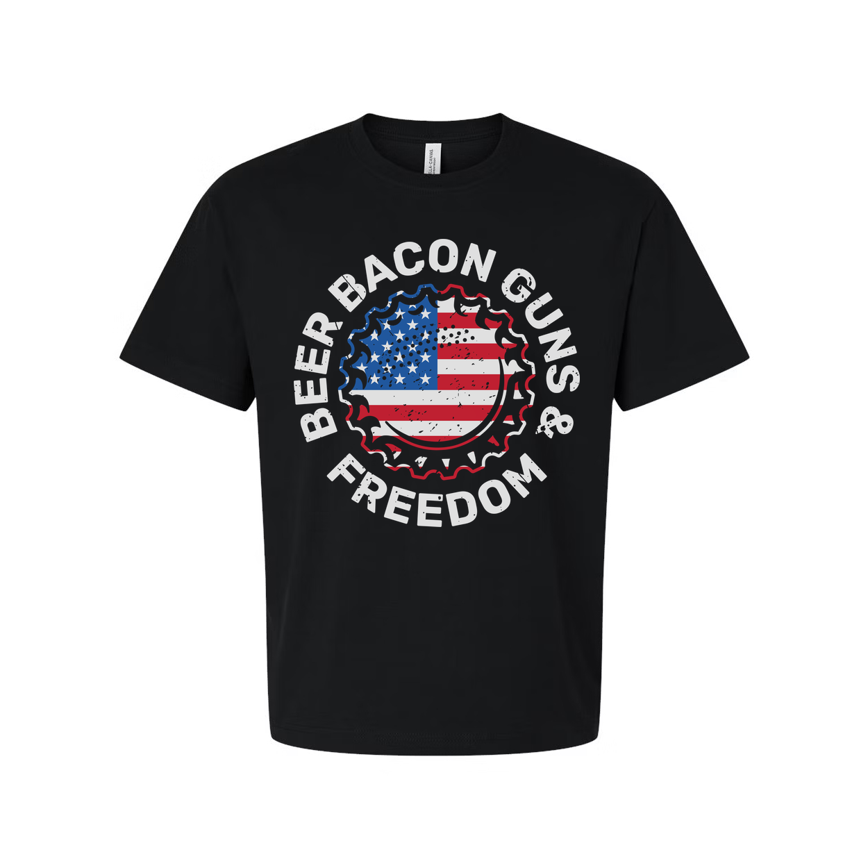 Unisex American Flag Graphic Tee With Beer Bacon Guns And Freedom Emblem Design Patriotic