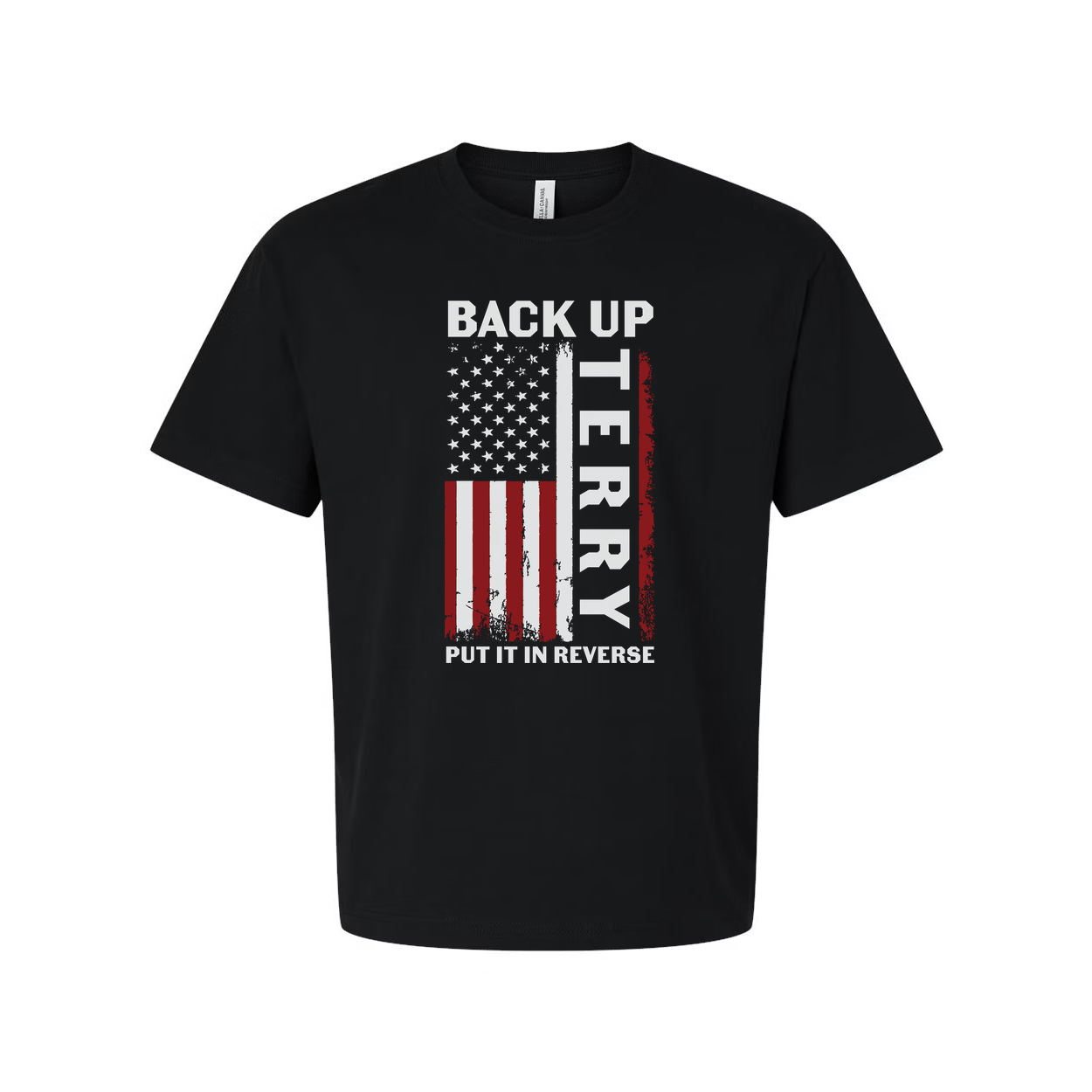 Unisex American Flag Graphic T Shirt With Distressed Liberty Vertical Text And Back Up Put It In Reverse