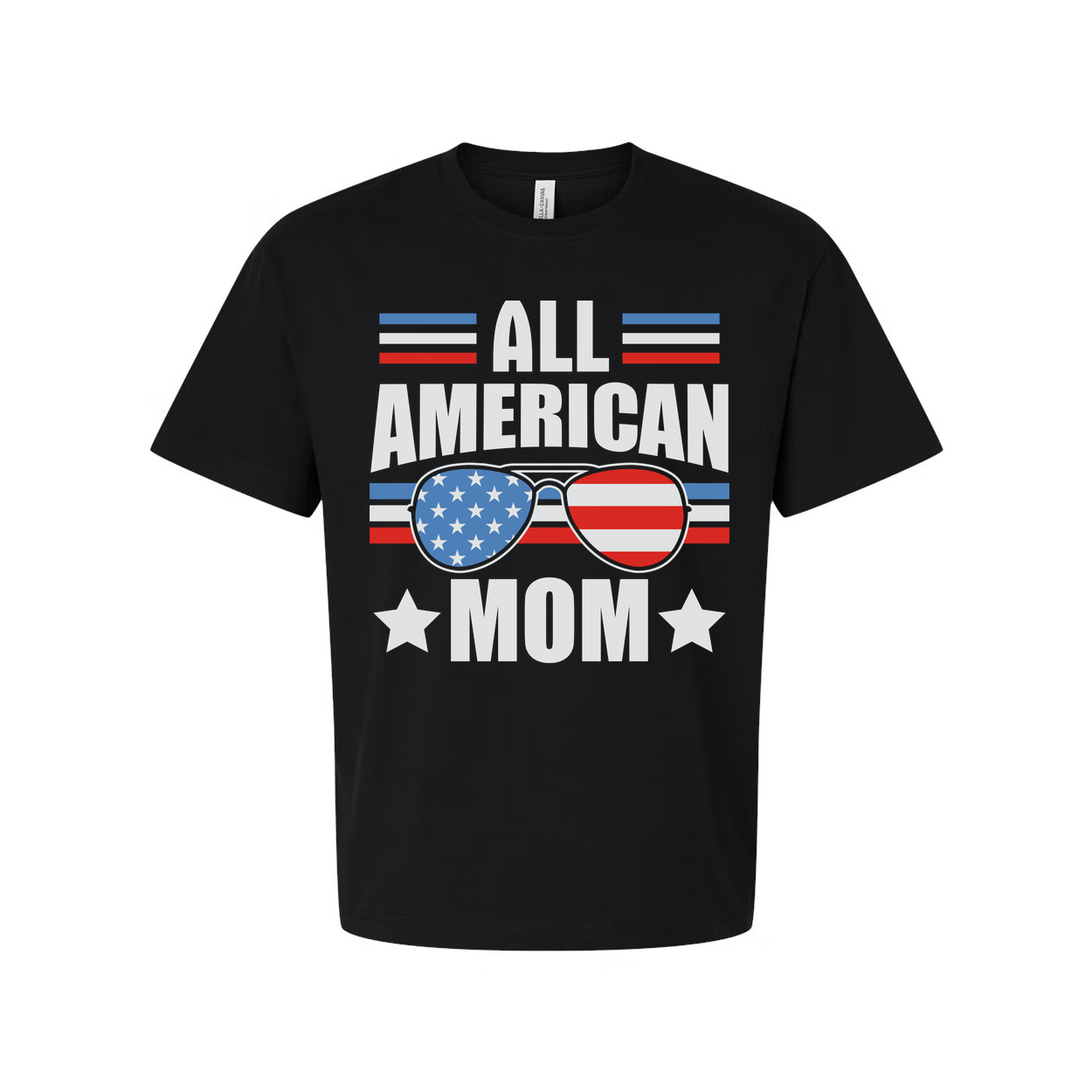All American Mom Graphic Tee With Stars And Stripes Sunglasses Print On Front For Patriotic Fans