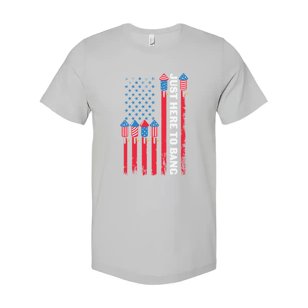 American Flag Rocket Graphic Unisex T Shirt With Just Here To Bang Text Patriotic Design