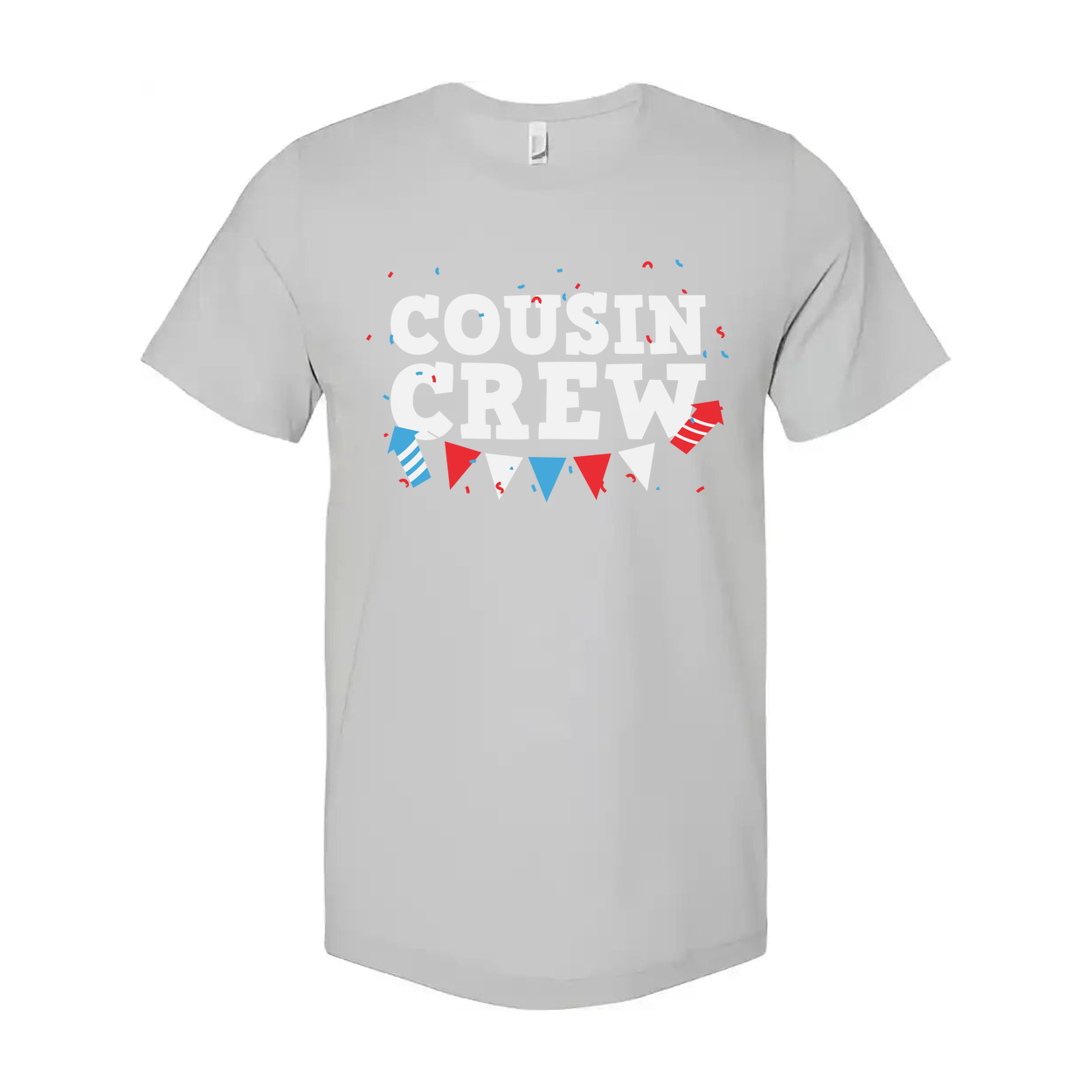 Cousin Crew Graphic T Shirt With Red And Blue Banner Confetti Design For Family Celebration