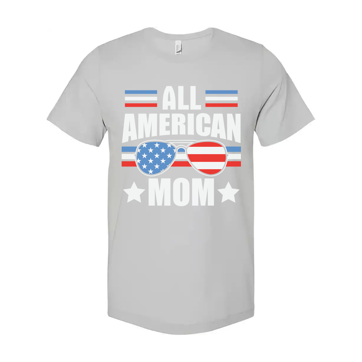 All American Mom Graphic Tee With Stars And Stripes Sunglasses Print On Front For Patriotic Fans