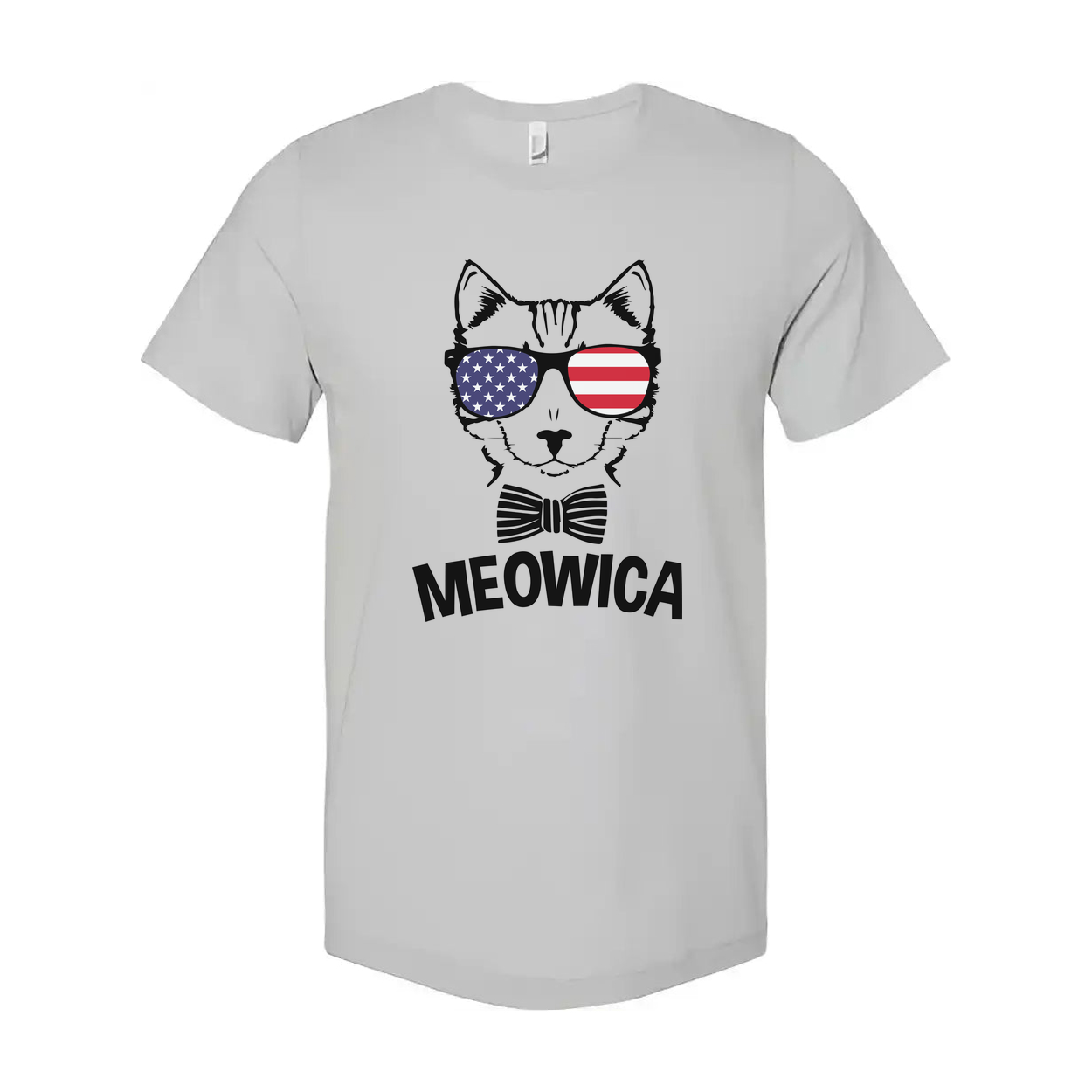Meowica Cat Graphic T Shirt With American Flag Sunglasses And Bow Tie For USA Pride Apparel
