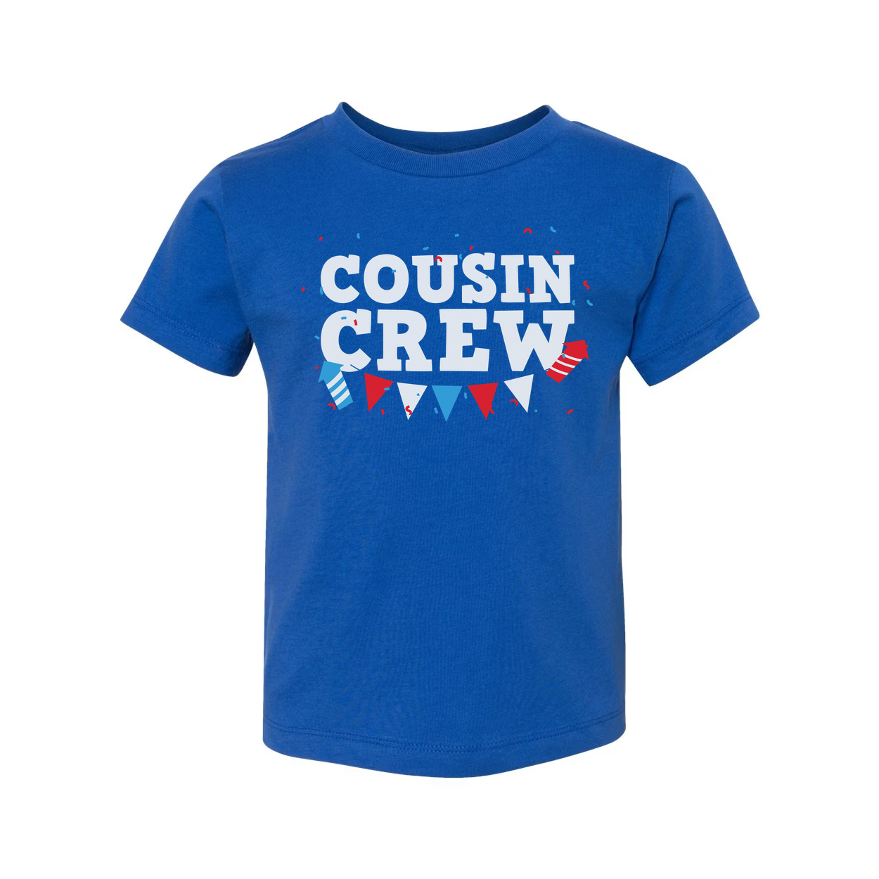 Cousin Crew Graphic T Shirt With Red And Blue Banner Confetti Design For Family Celebration