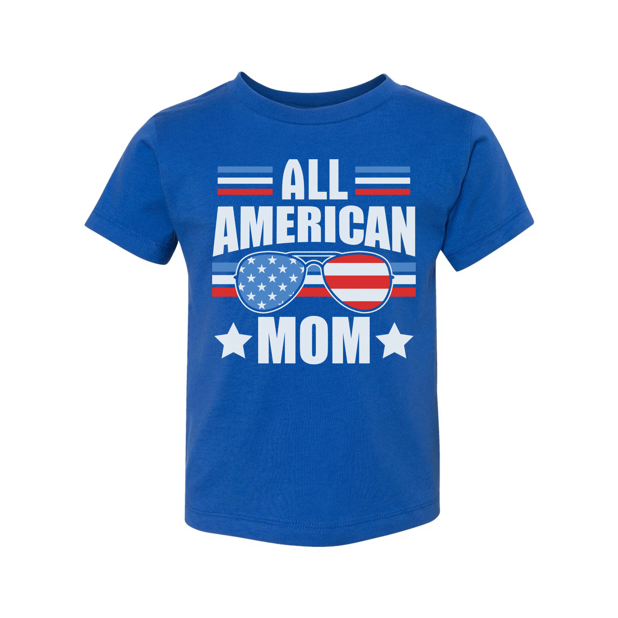 All American Mom Graphic Tee With Stars And Stripes Sunglasses Print On Front For Patriotic Fans