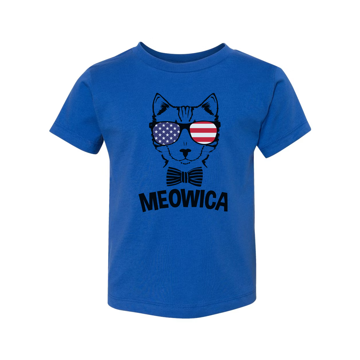 Meowica Cat Graphic T Shirt With American Flag Sunglasses And Bow Tie For USA Pride Apparel