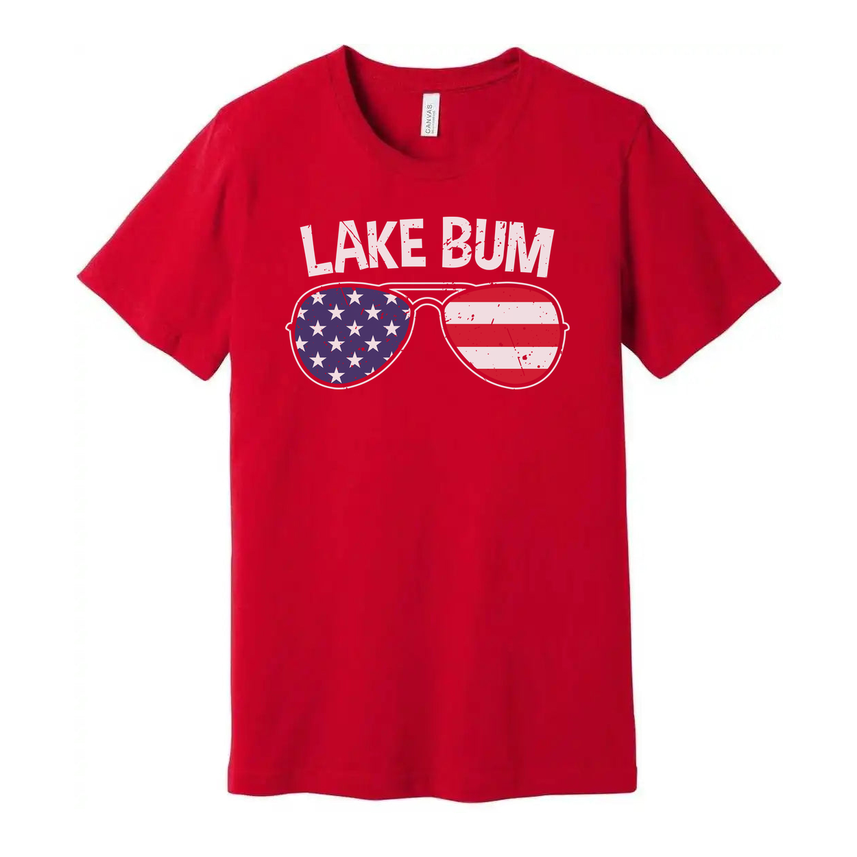 Lake Bum Unisex Crewneck T Shirt With American Flag Sunglasses Graphic Print On Front Design Artwork
