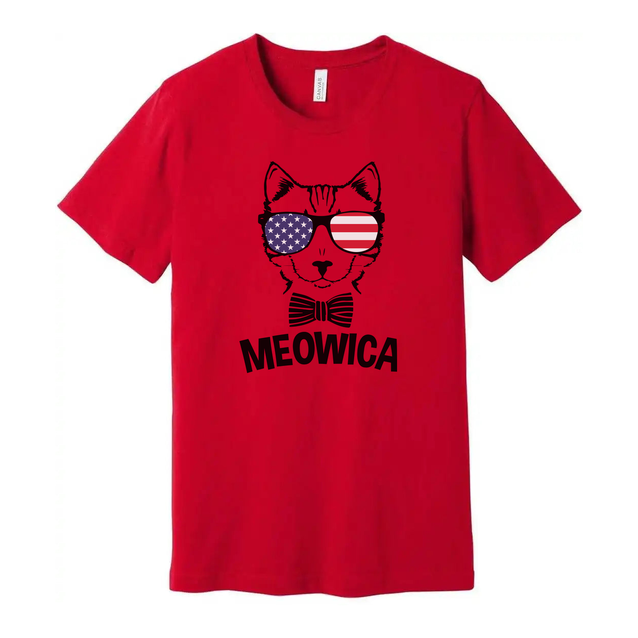 Meowica Cat Graphic T Shirt With American Flag Sunglasses And Bow Tie For USA Pride Apparel