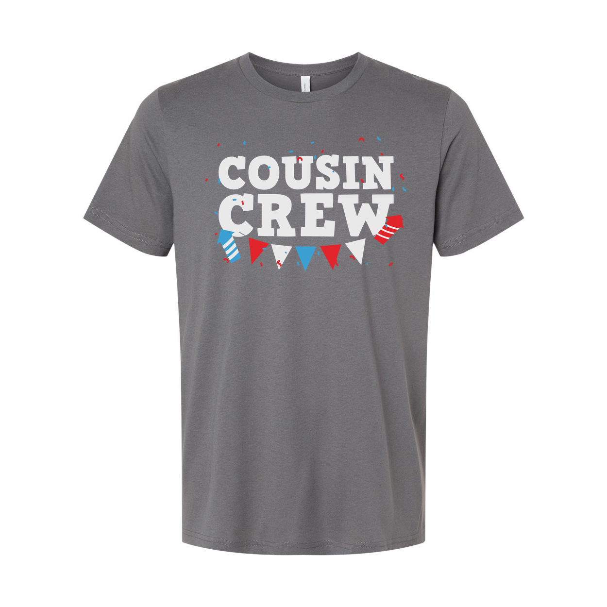 Cousin Crew Graphic T Shirt With Red And Blue Banner Confetti Design For Family Celebration