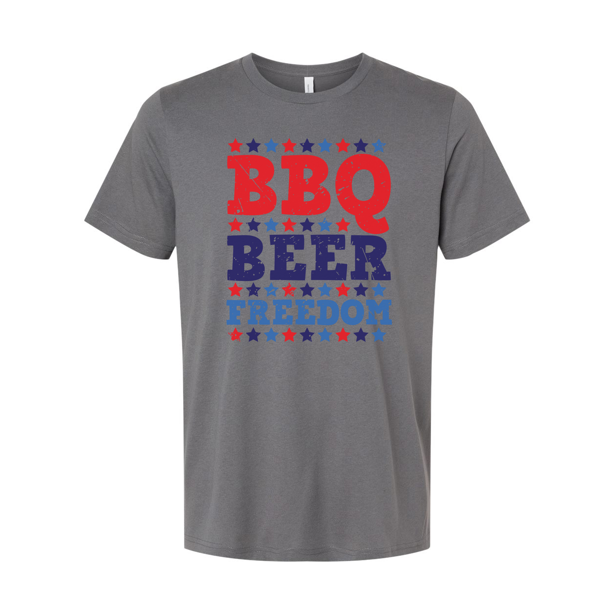 Patriotic BBQ Beer Freedom Graphic Tee for Unisex Adults with Red and Blue Star Pattern