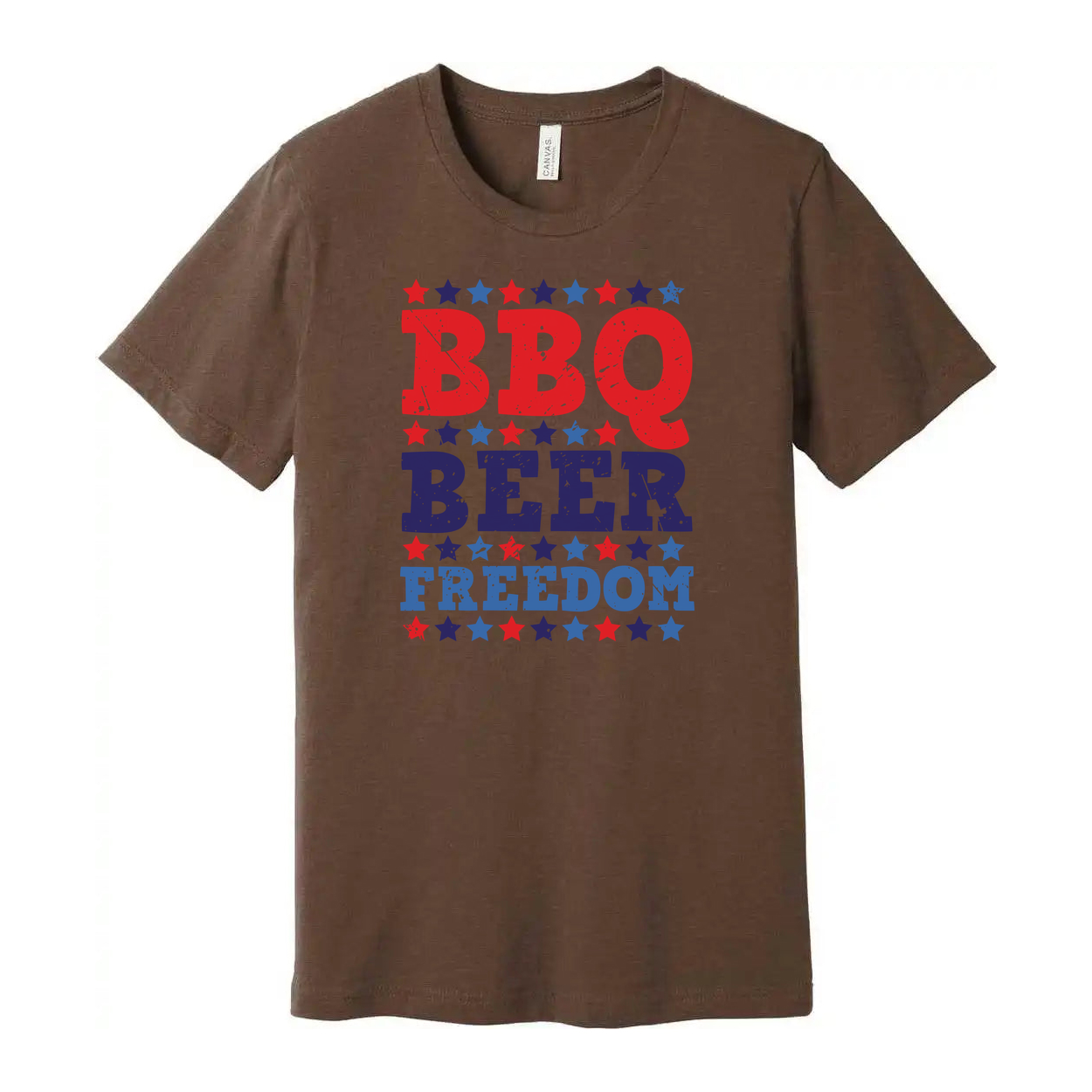 Patriotic BBQ Beer Freedom Graphic Tee for Unisex Adults with Red and Blue Star Pattern