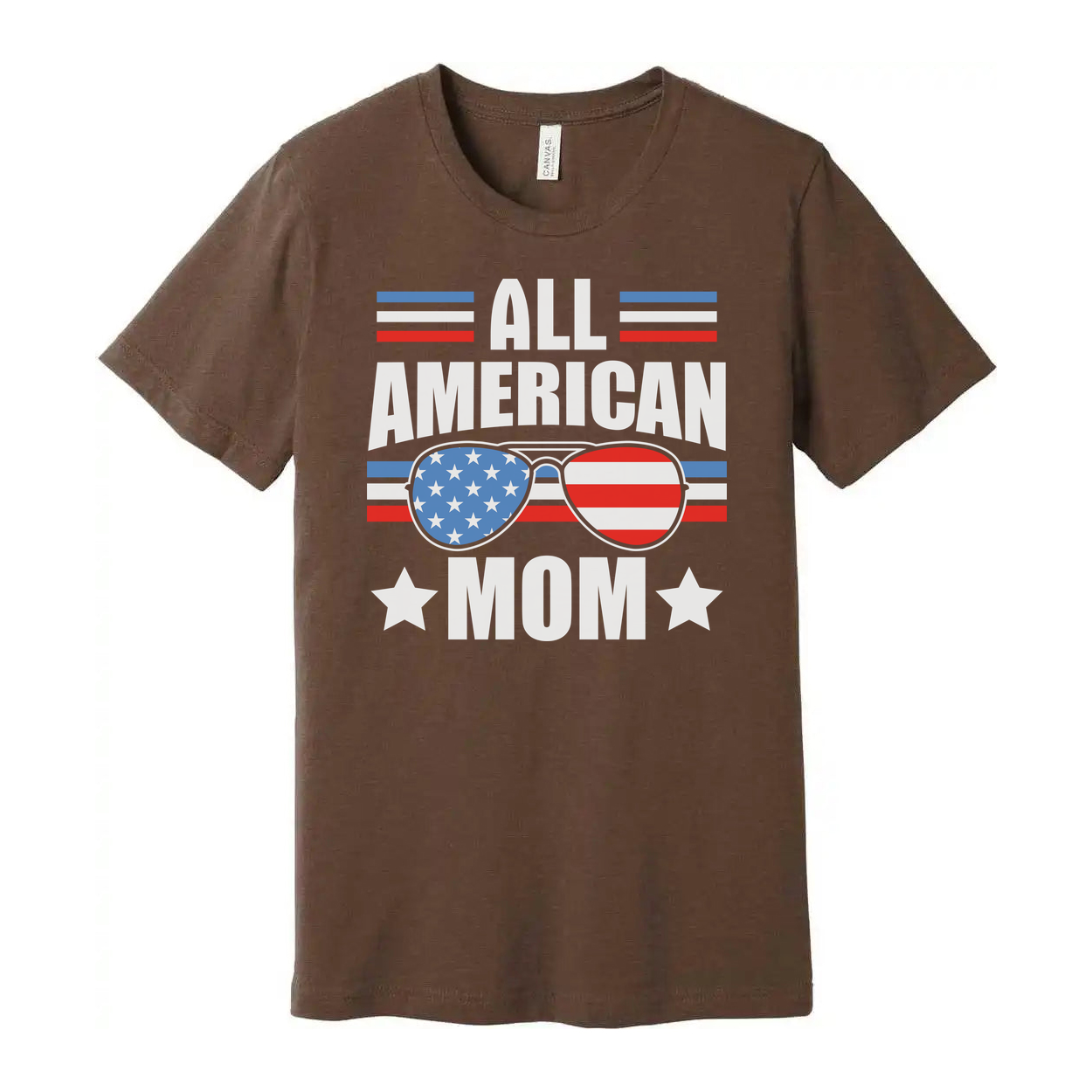 All American Mom Graphic Tee With Stars And Stripes Sunglasses Print On Front For Patriotic Fans