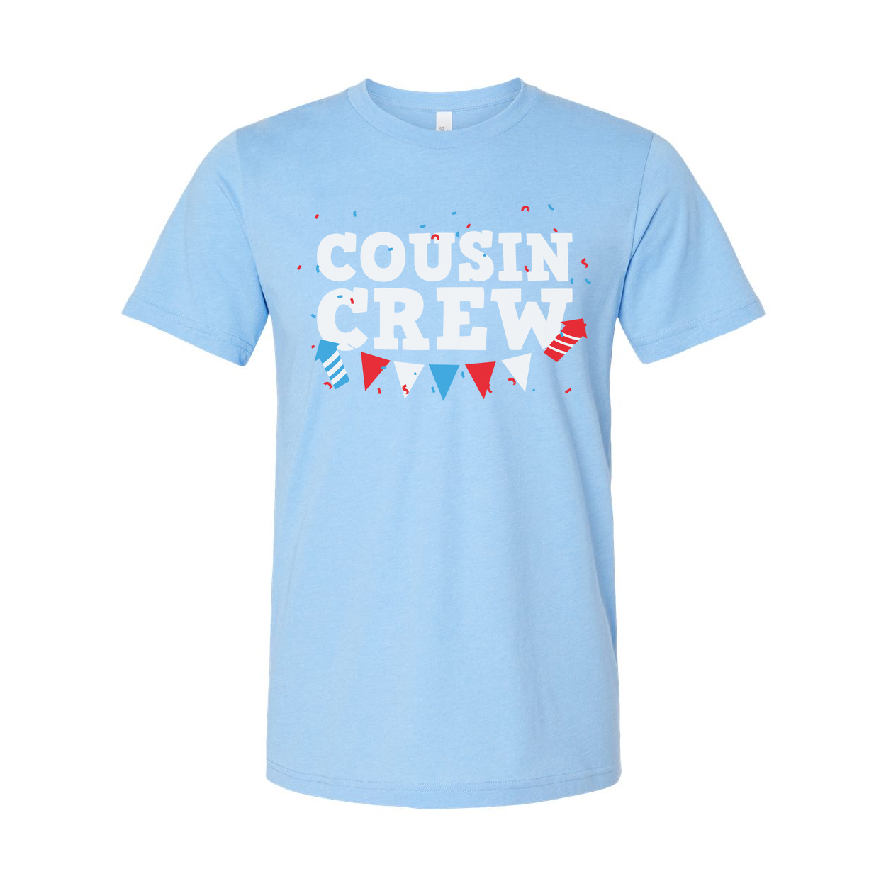 Cousin Crew Graphic T Shirt With Red And Blue Banner Confetti Design For Family Celebration