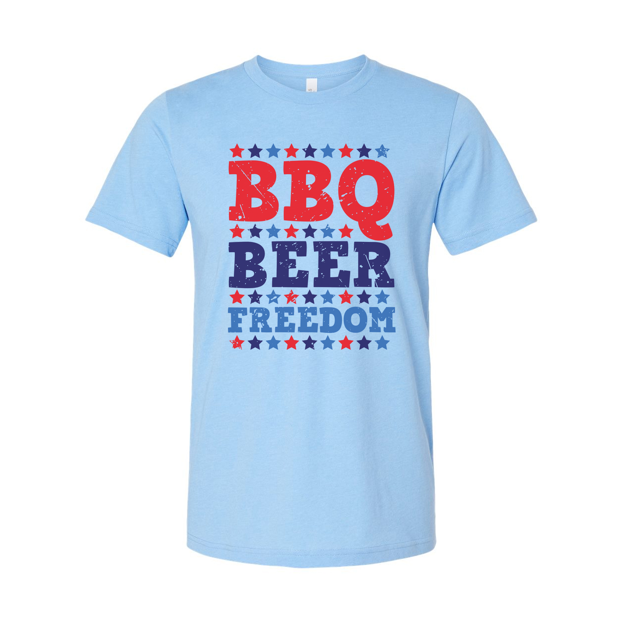 Patriotic BBQ Beer Freedom Graphic Tee for Unisex Adults with Red and Blue Star Pattern