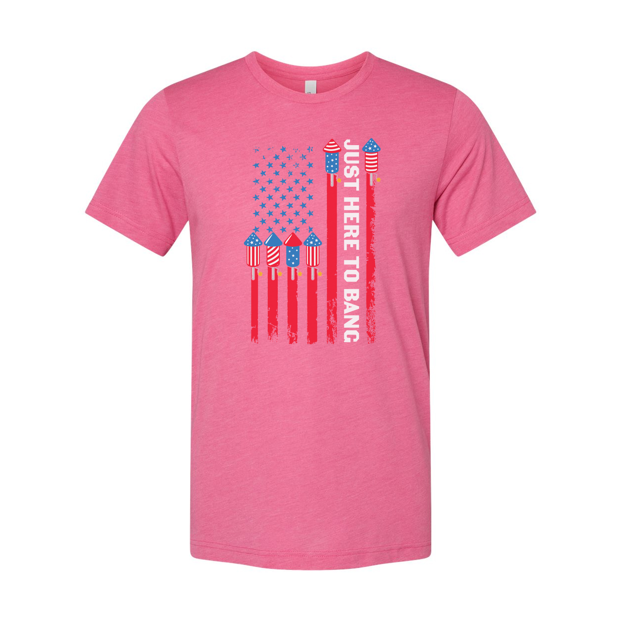 American Flag Rocket Graphic Unisex T Shirt With Just Here To Bang Text Patriotic Design