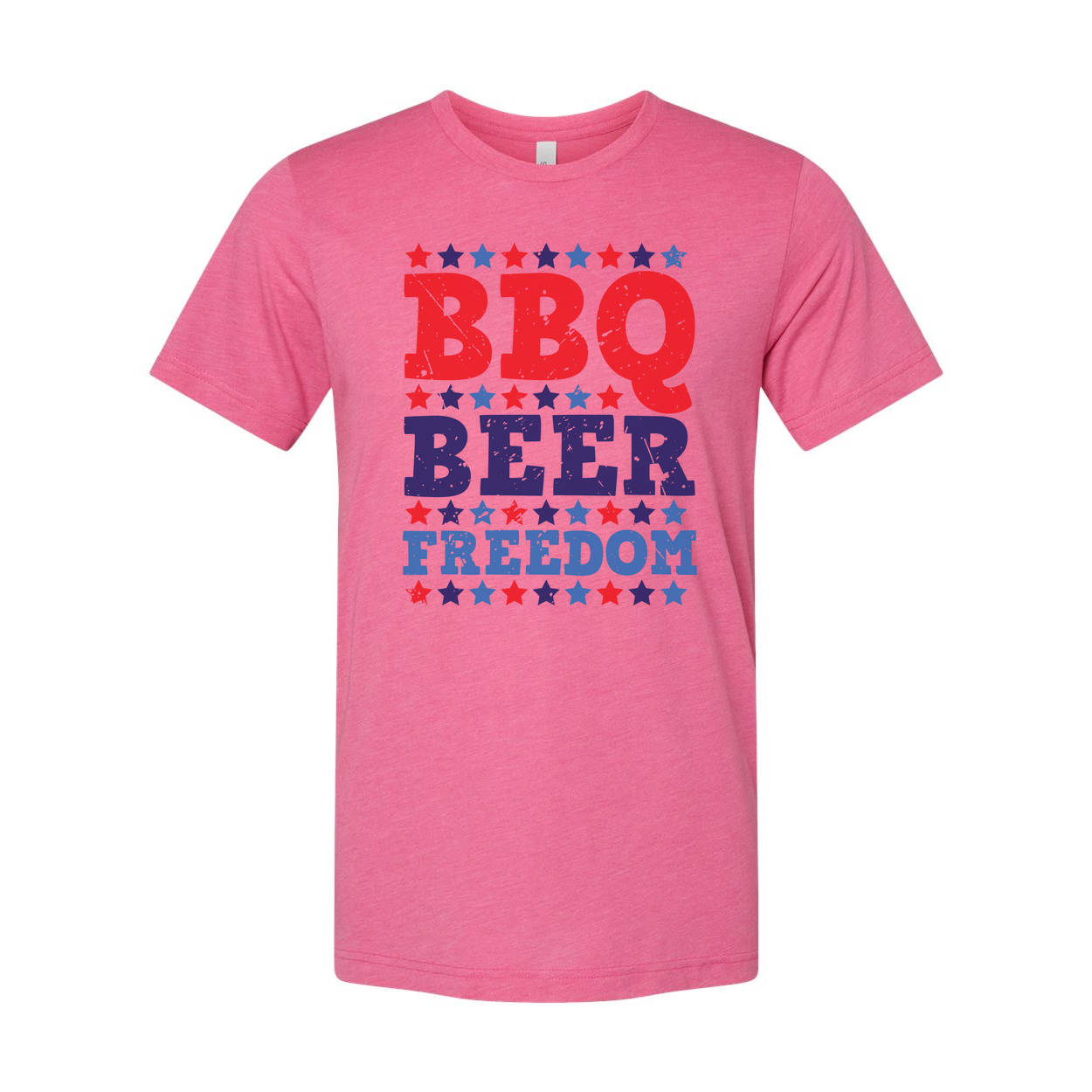 Patriotic BBQ Beer Freedom Graphic Tee for Unisex Adults with Red and Blue Star Pattern