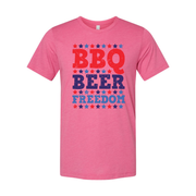 Patriotic BBQ Beer Freedom Graphic Tee for Unisex Adults with Red and Blue Star Pattern