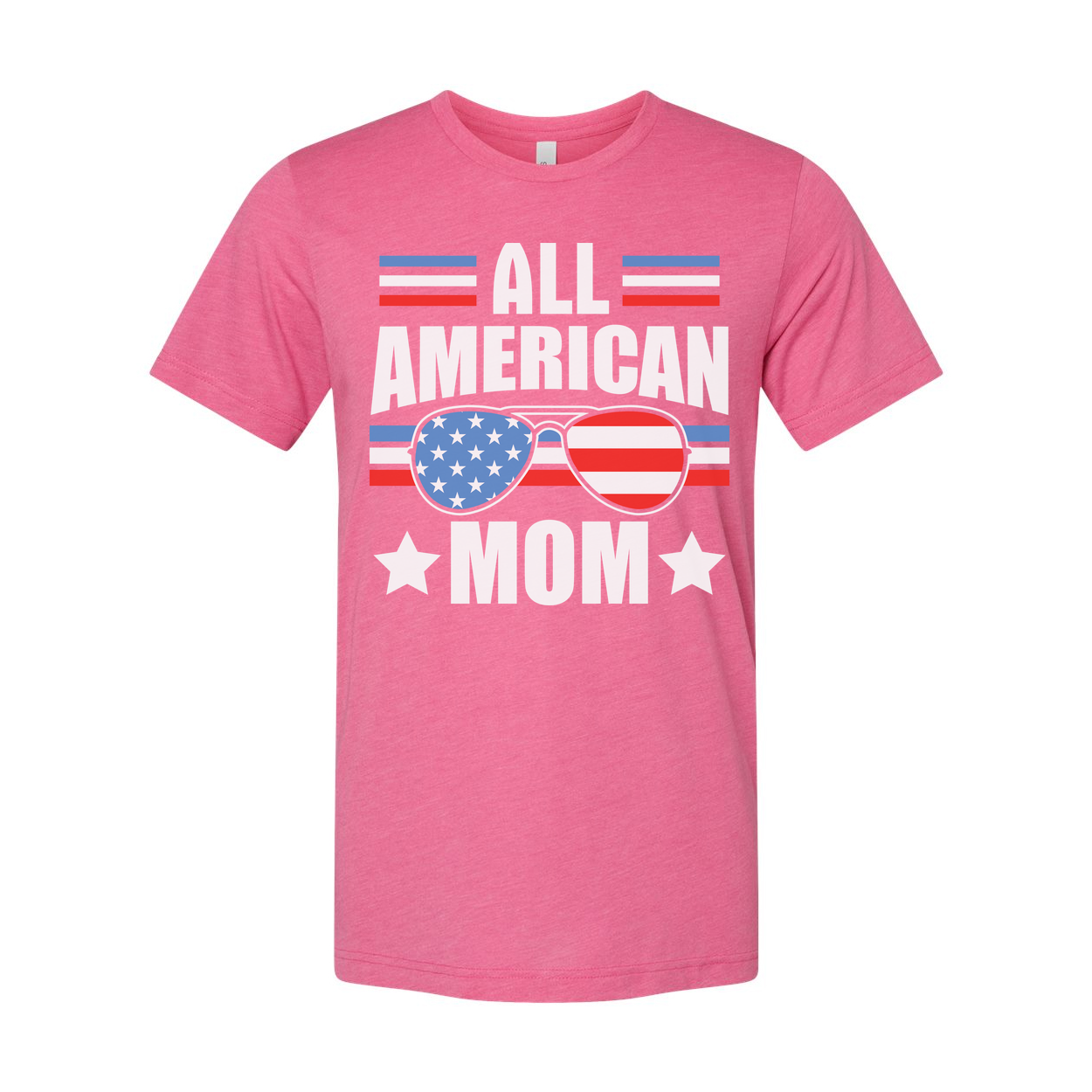 All American Mom Graphic Tee With Stars And Stripes Sunglasses Print On Front For Patriotic Fans