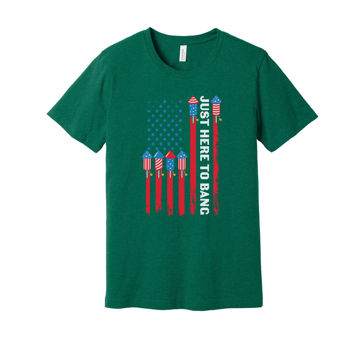 American Flag Rocket Graphic Unisex T Shirt With Just Here To Bang Text Patriotic Design
