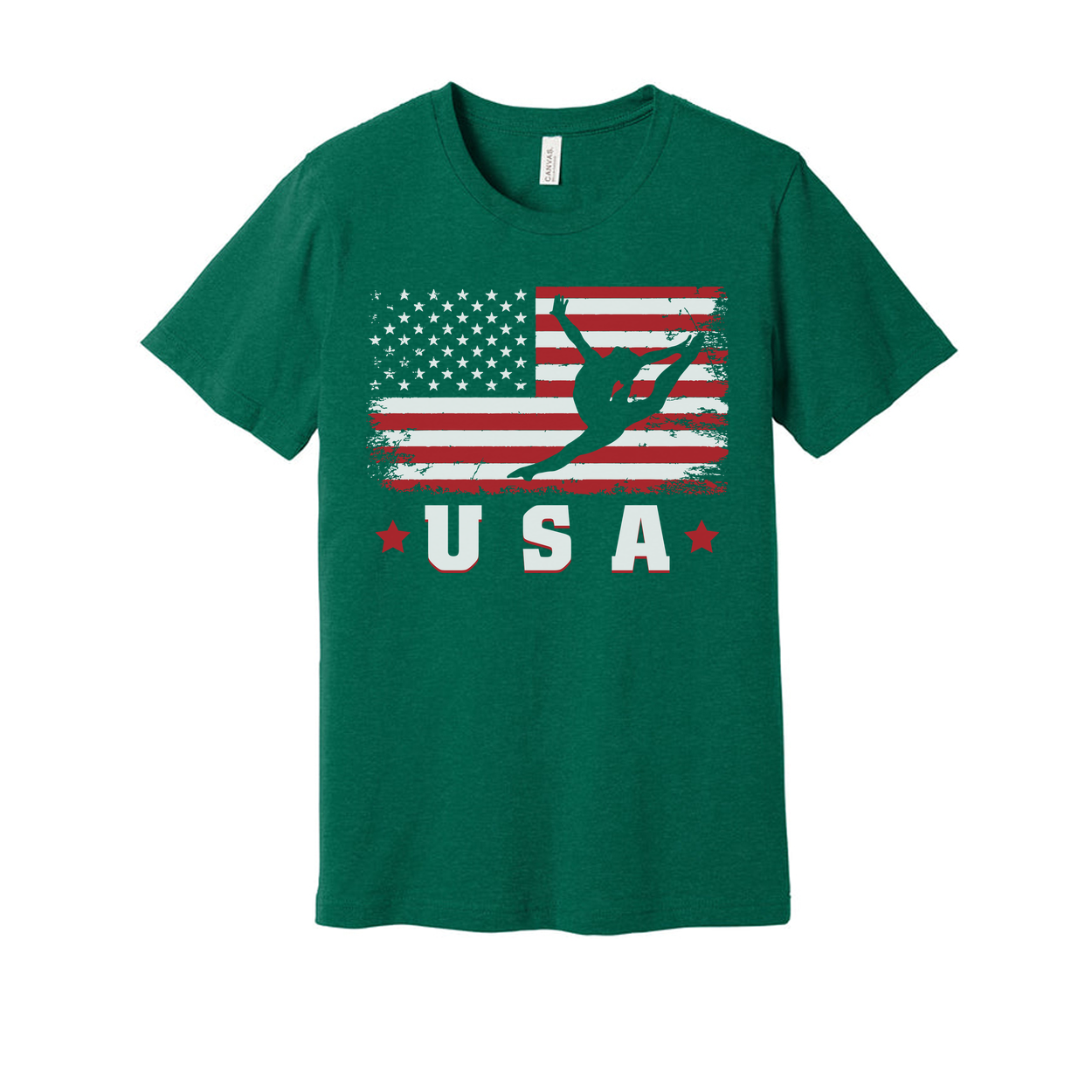 Unisex USA Flag Graphic T Shirt With Distressed Stripes And Dancer Silhouette On Front