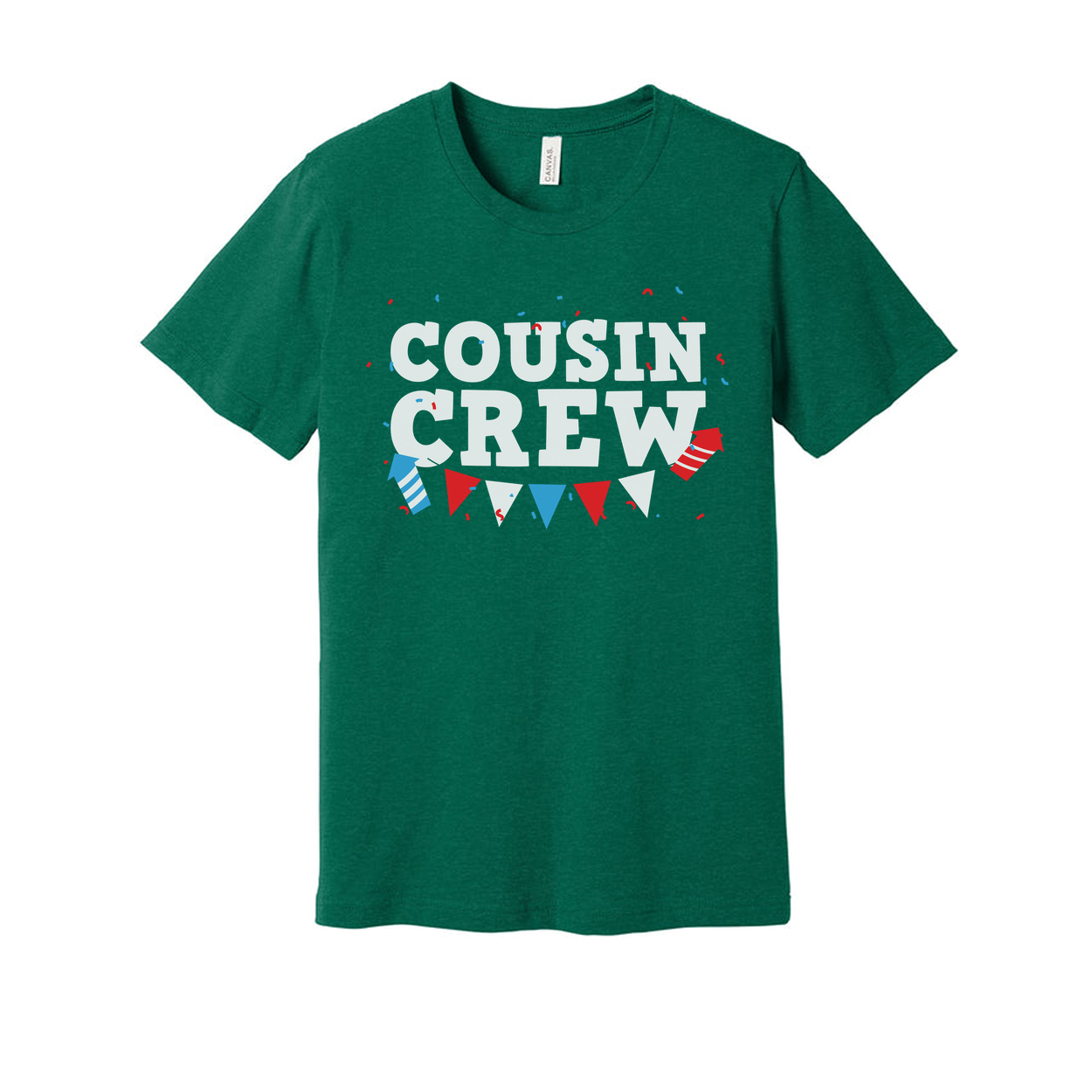Cousin Crew Graphic T Shirt With Red And Blue Banner Confetti Design For Family Celebration