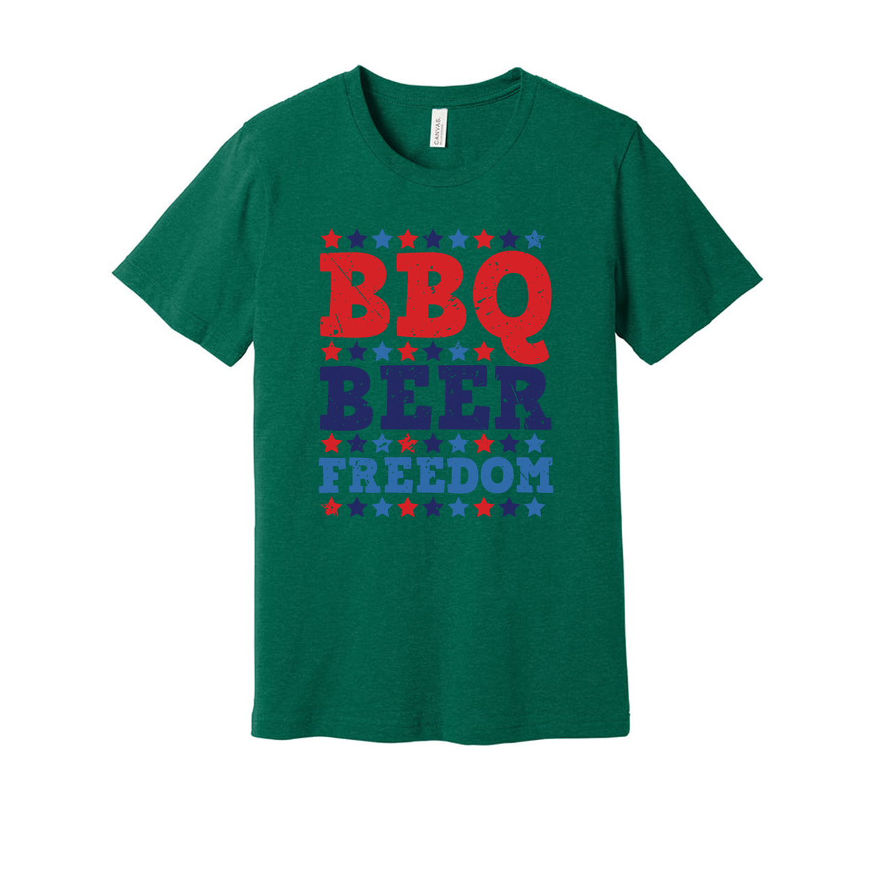 Patriotic BBQ Beer Freedom Graphic Tee for Unisex Adults with Red and Blue Star Pattern