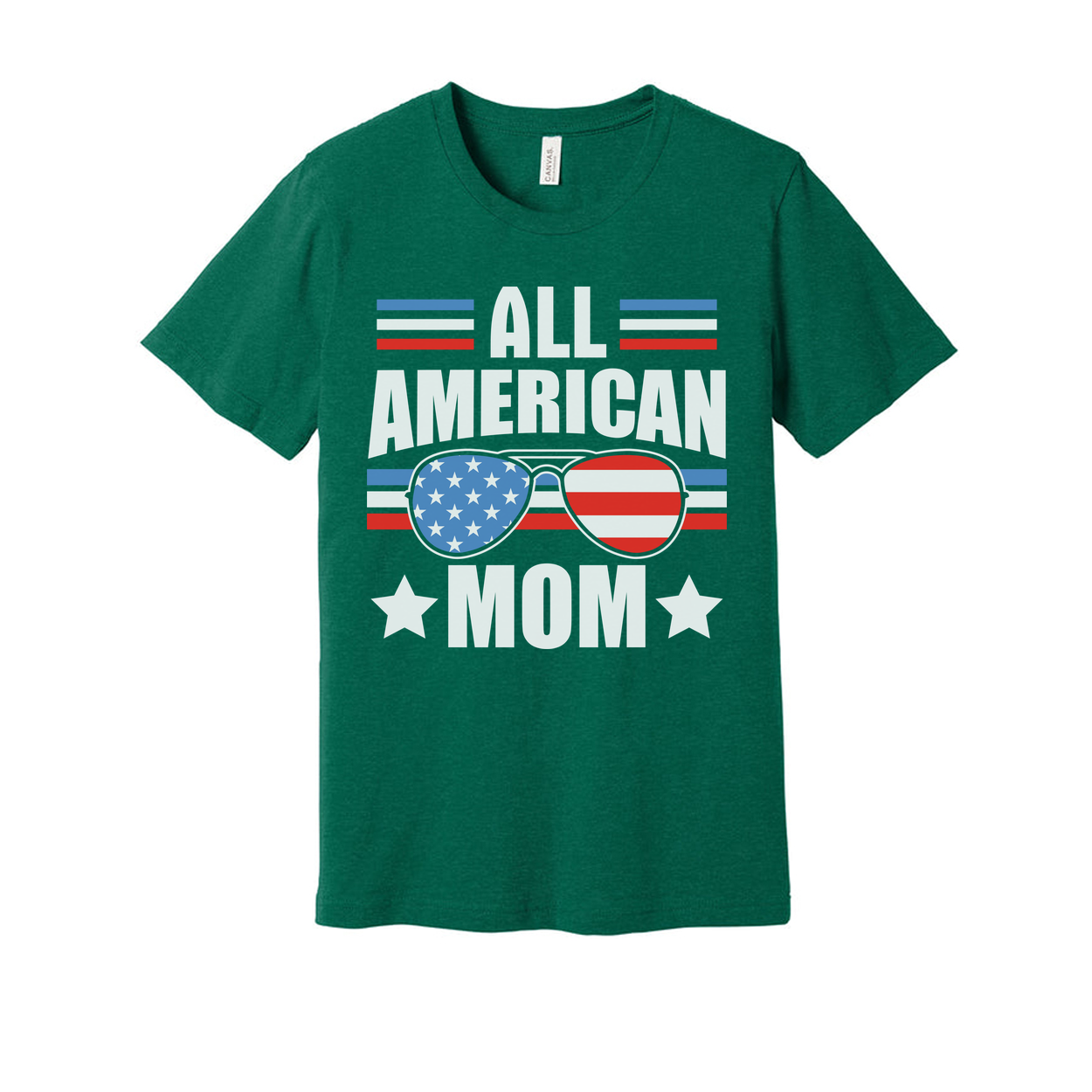 All American Mom Graphic Tee With Stars And Stripes Sunglasses Print On Front For Patriotic Fans