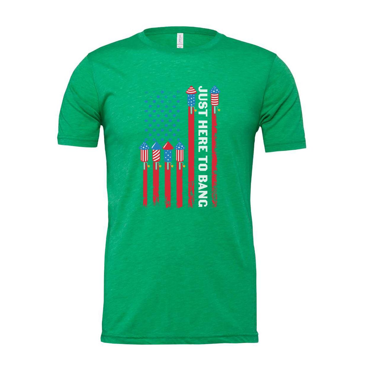 American Flag Rocket Graphic Unisex T Shirt With Just Here To Bang Text Patriotic Design