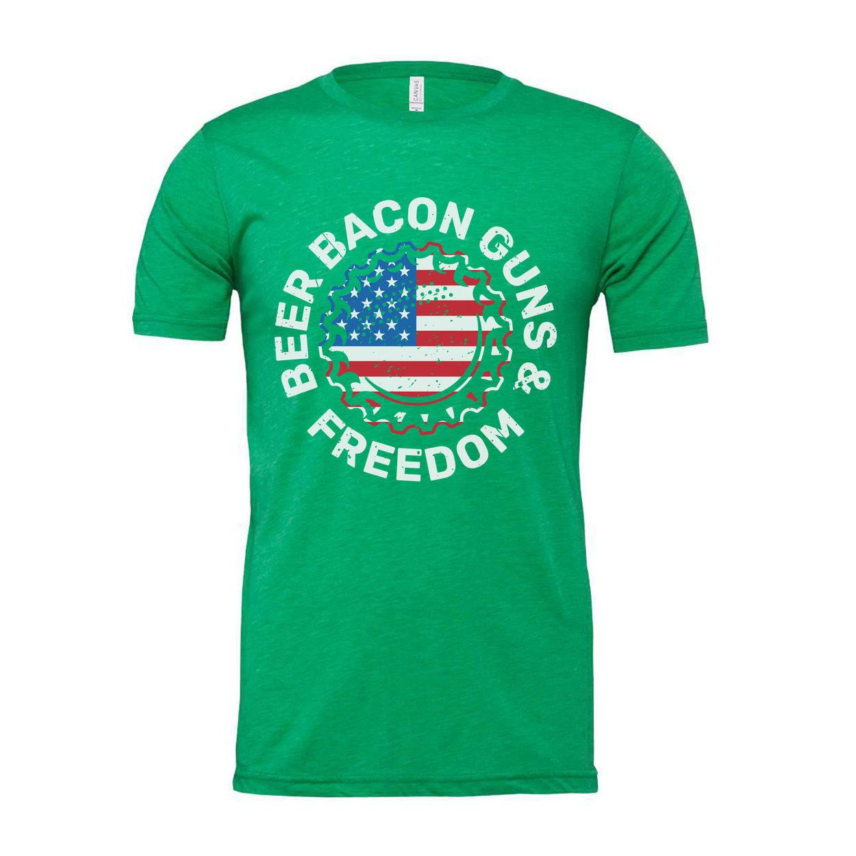 Unisex American Flag Graphic Tee With Beer Bacon Guns And Freedom Emblem Design Patriotic