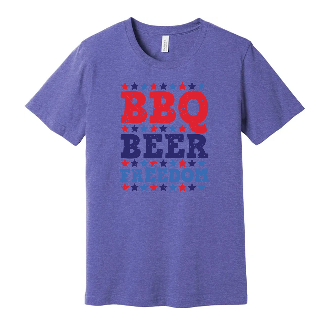 Patriotic BBQ Beer Freedom Graphic Tee for Unisex Adults with Red and Blue Star Pattern
