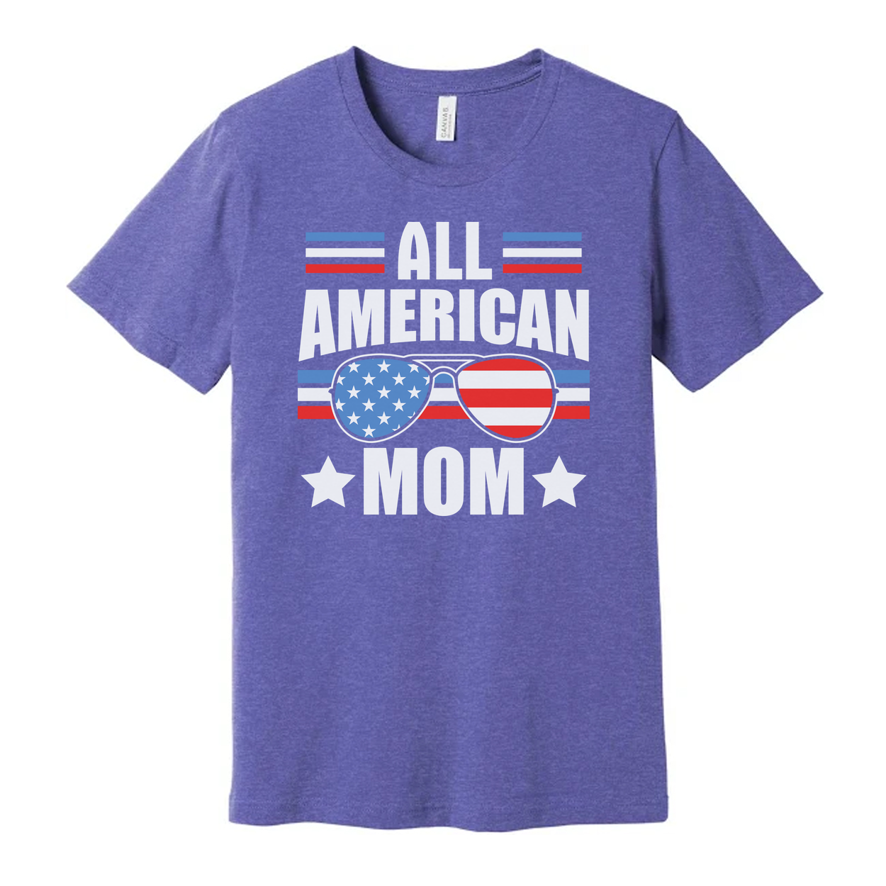 All American Mom Graphic Tee With Stars And Stripes Sunglasses Print On Front For Patriotic Fans