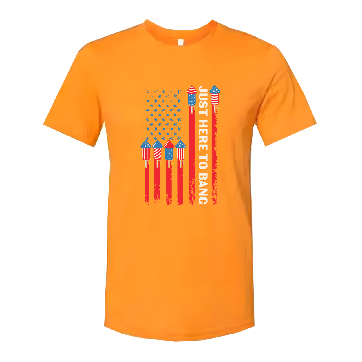 American Flag Rocket Graphic Unisex T Shirt With Just Here To Bang Text Patriotic Design