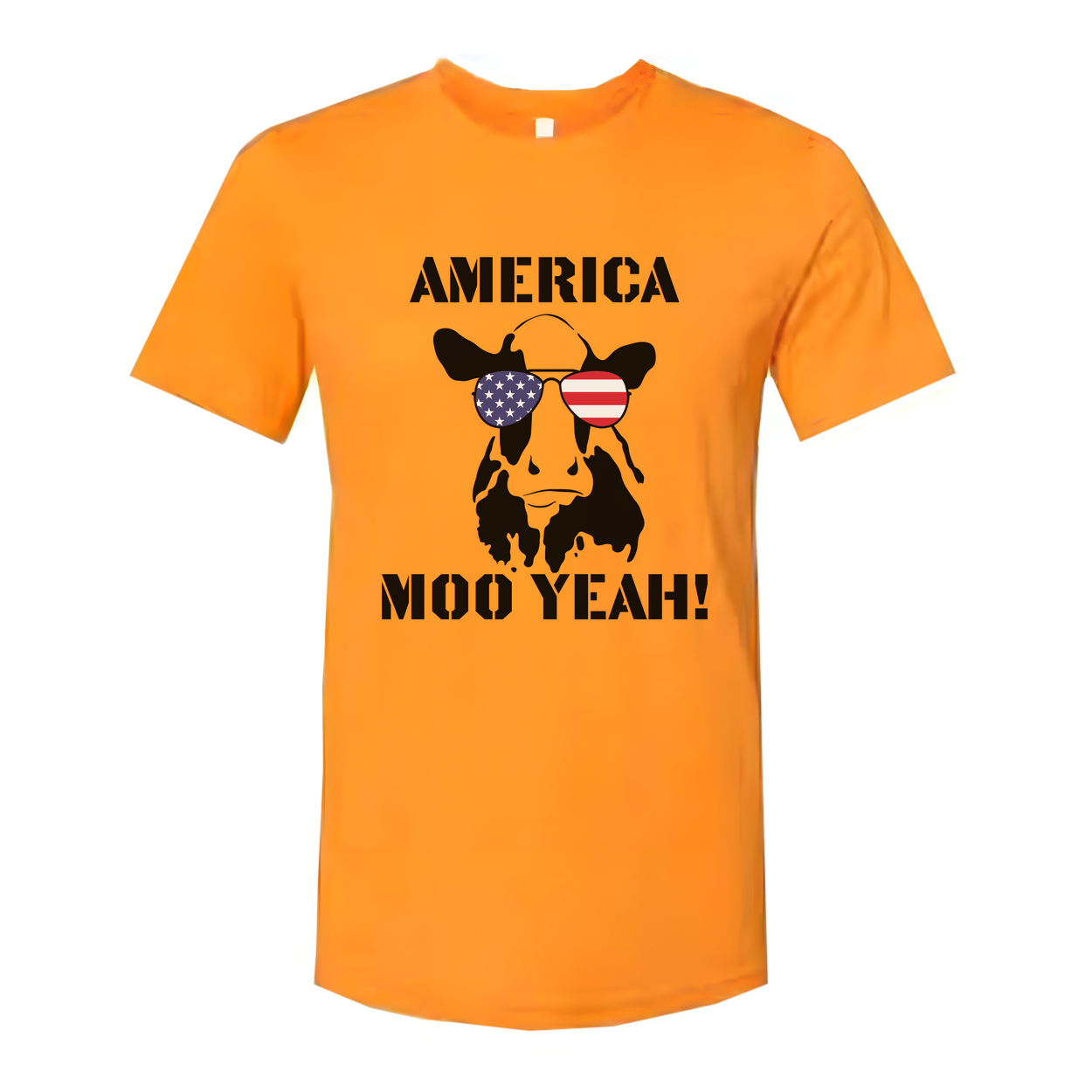 America Moo Yeah Graphic Unisex Tee With Flag Sunglasses Cow Skull Artwork For Men Women