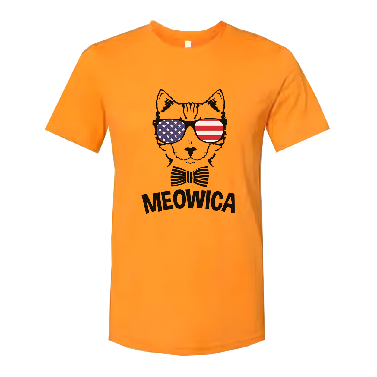 Meowica Cat Graphic T Shirt With American Flag Sunglasses And Bow Tie For USA Pride Apparel