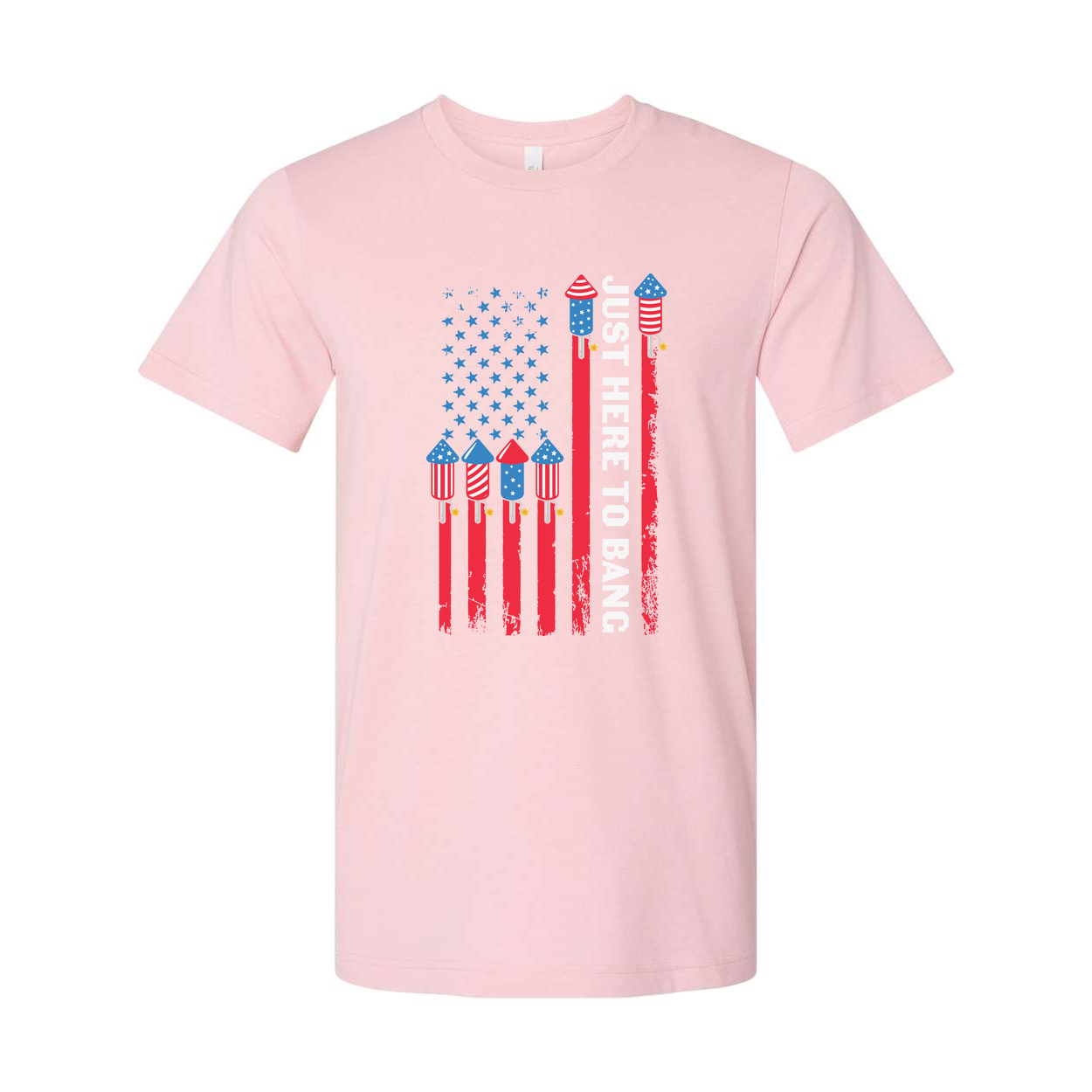 American Flag Rocket Graphic Unisex T Shirt With Just Here To Bang Text Patriotic Design