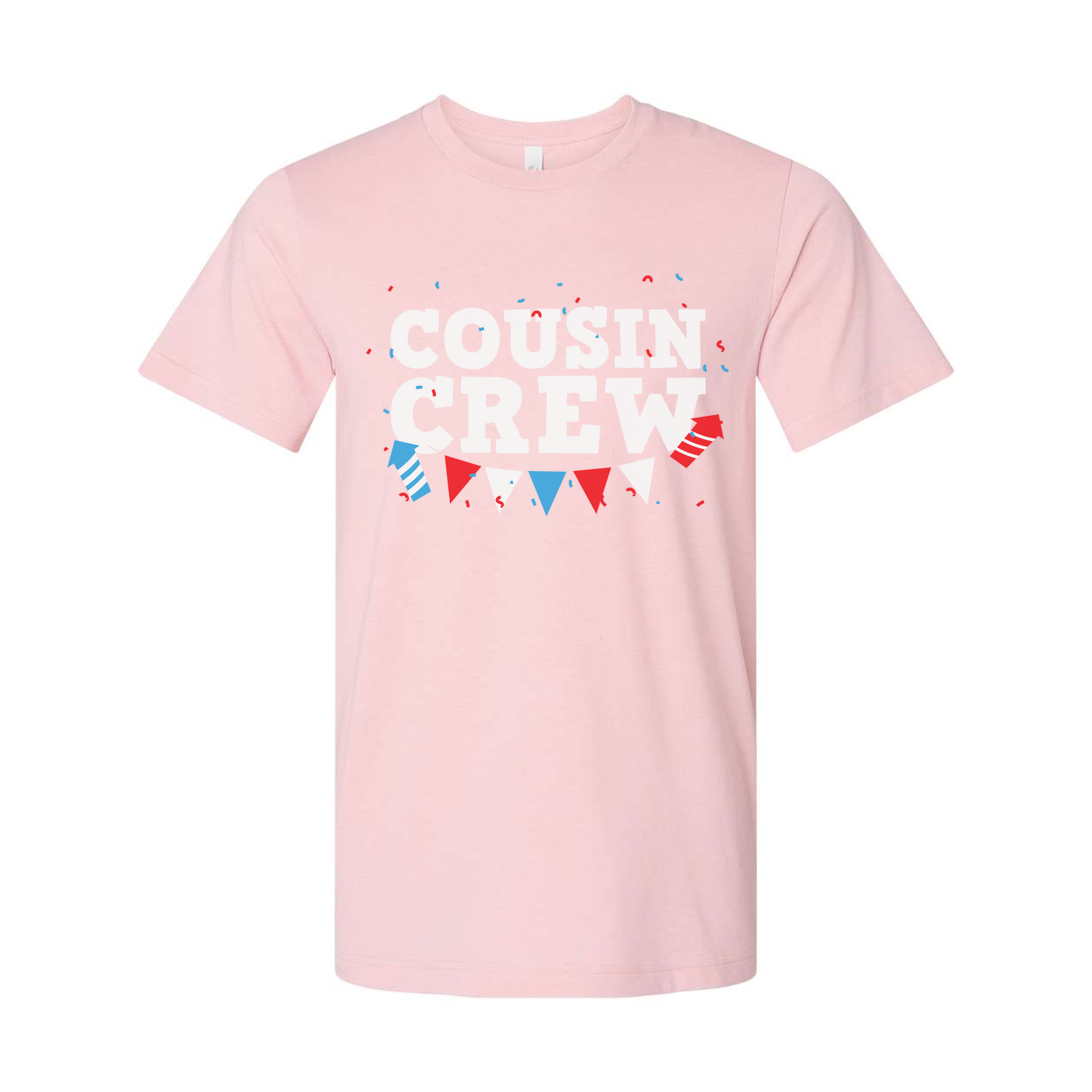 Cousin Crew Graphic T Shirt With Red And Blue Banner Confetti Design For Family Celebration