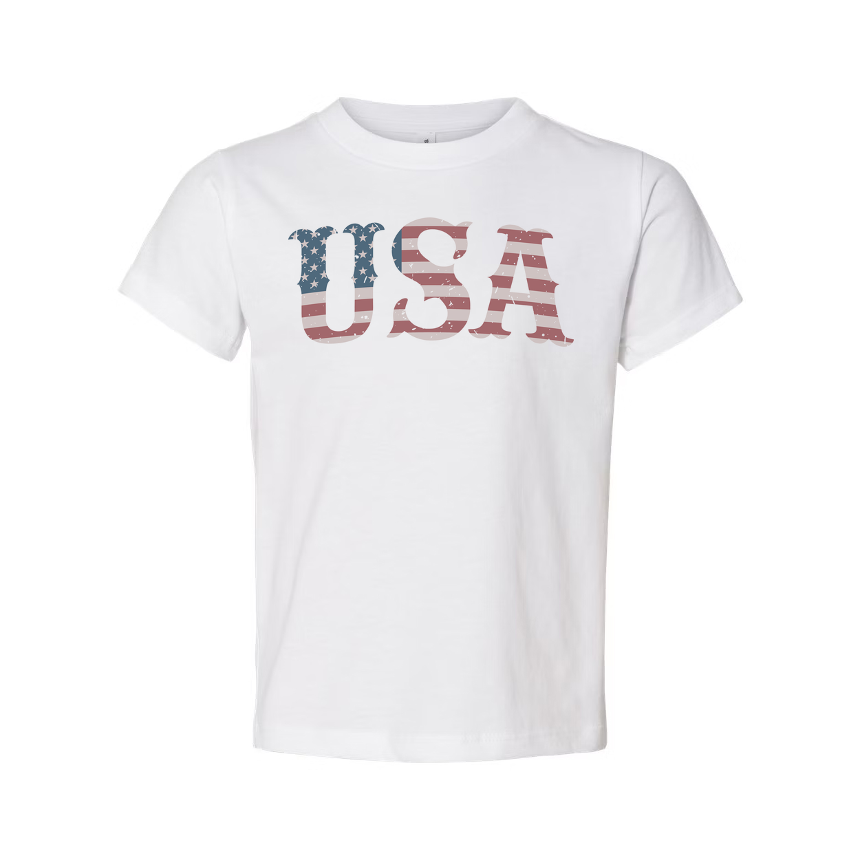 Unisex USA Flag Letter Graphic Tee With Distressed Stars And Stripes Design Short Sleeve
