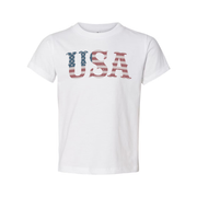 Unisex USA Flag Letter Graphic Tee With Distressed Stars And Stripes Design Short Sleeve