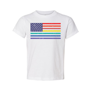 Unisex American Flag Tee With Rainbow Stripes Graphic Across Chest For Pride And Equality